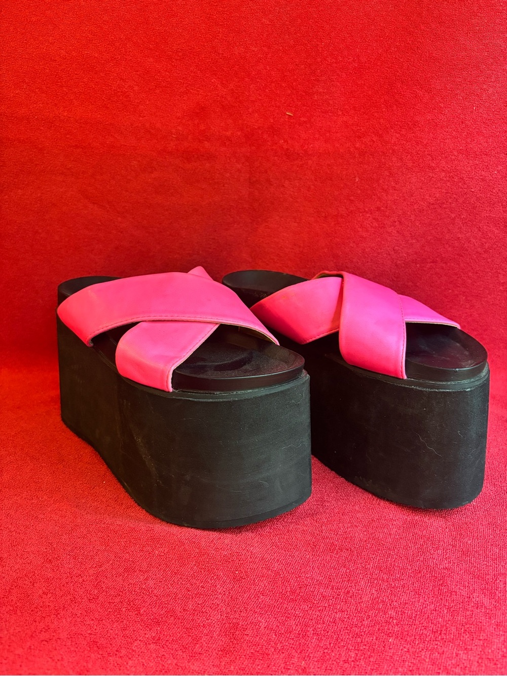 Platform Slide Sandals with Hot Pink Cross Straps